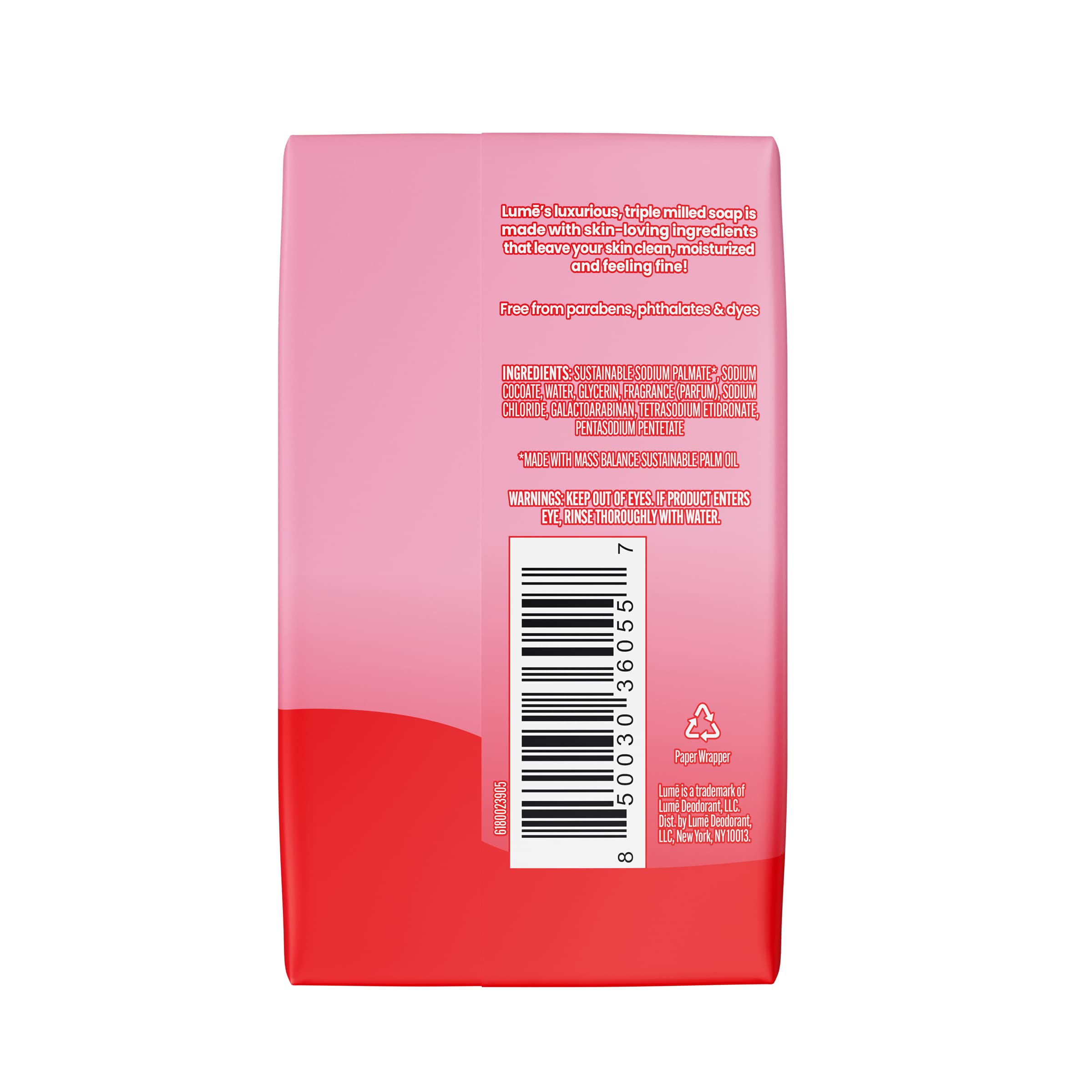 Lume soap is paraben- and phthalate-free for safer external use.