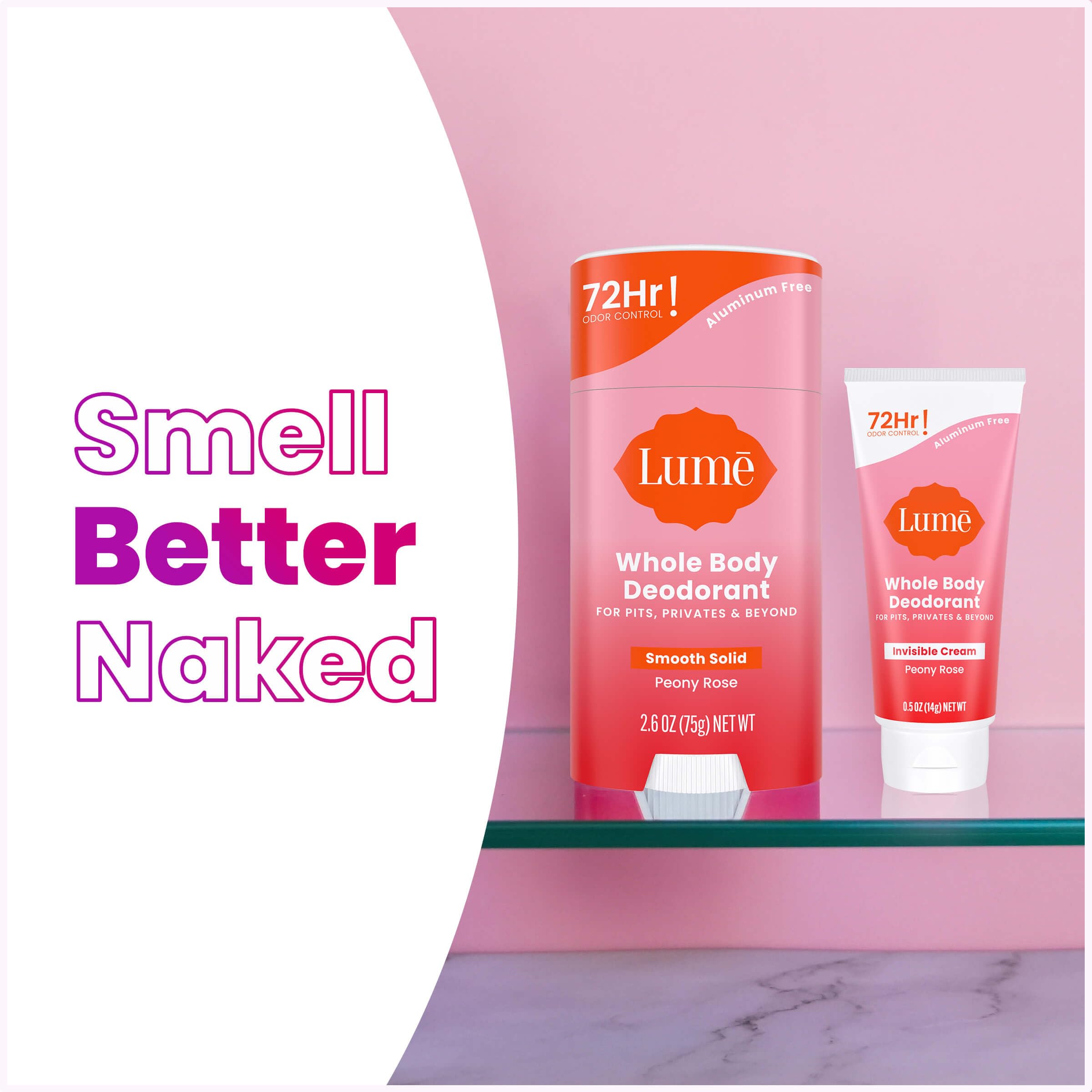 Lume Peony Rose hypoallergenic baking soda-free formula.