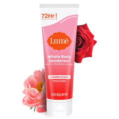Lume Peony Rose invisible cream tube shown for all-day odor control.