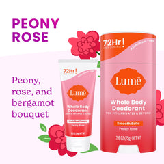 Lume Peony Rose underarms odor-control use for day-long freshness.