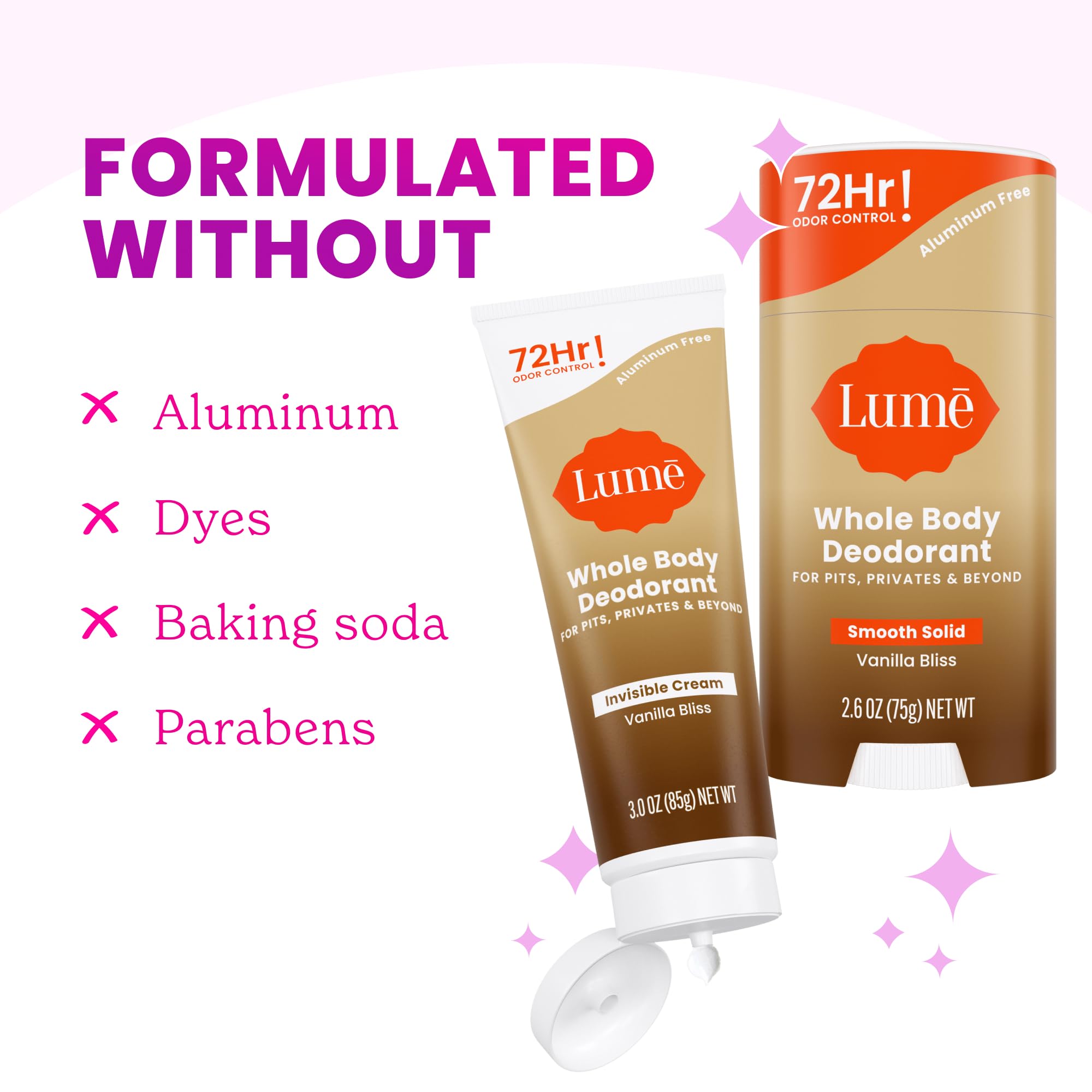 Lume skin-loving baking soda-free formula emphasizes gentle care for sensitive skin.