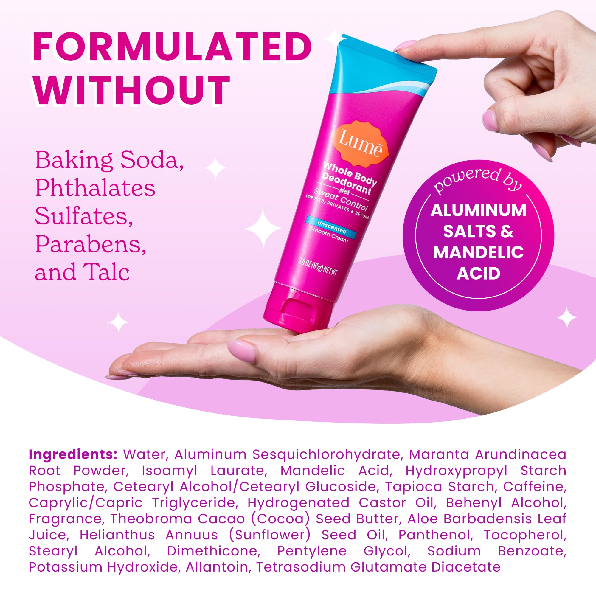 Lume skin-loving formula applied to skin for sensitive areas.