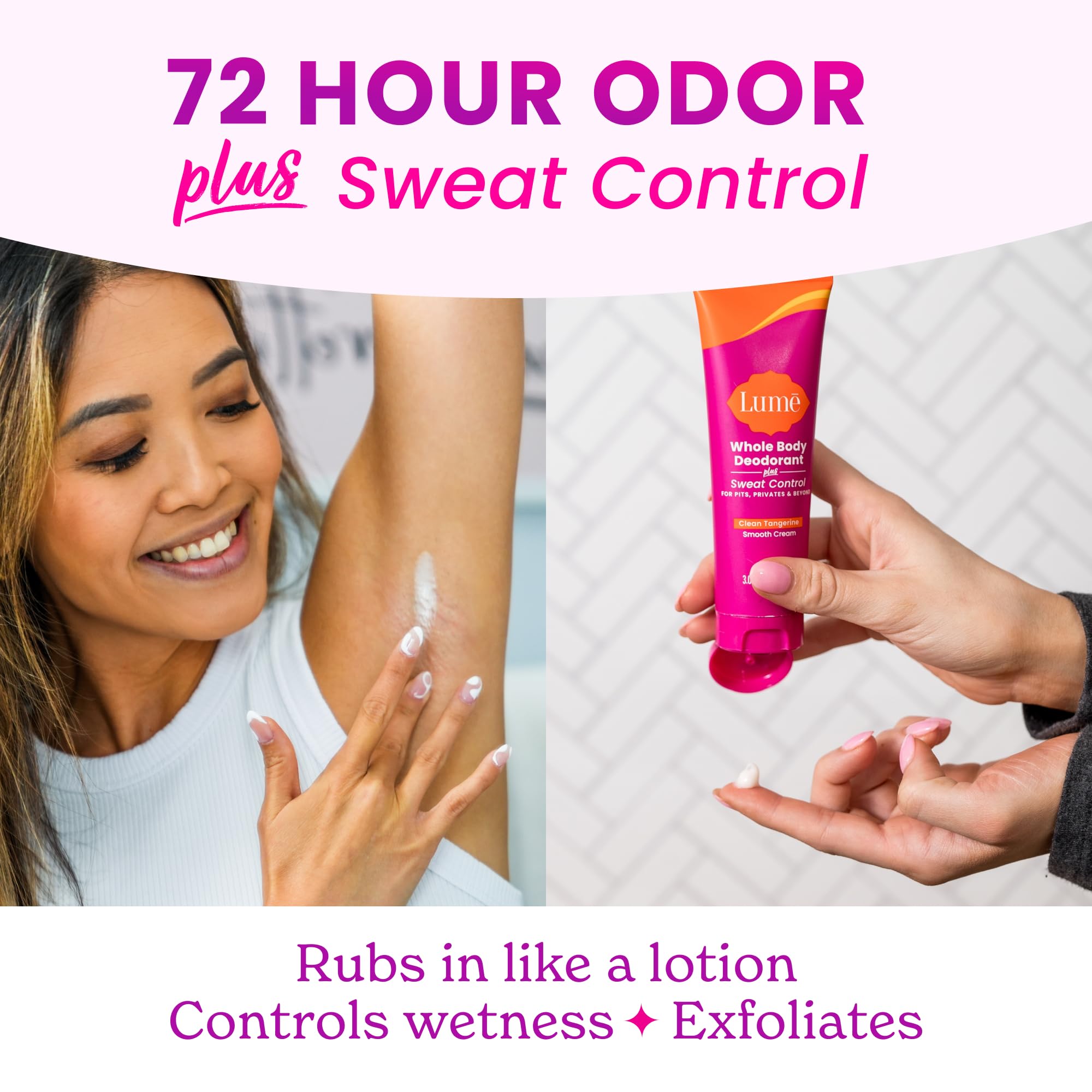 Lume smooth rub-in demonstrates quick absorption for day-long confidence.