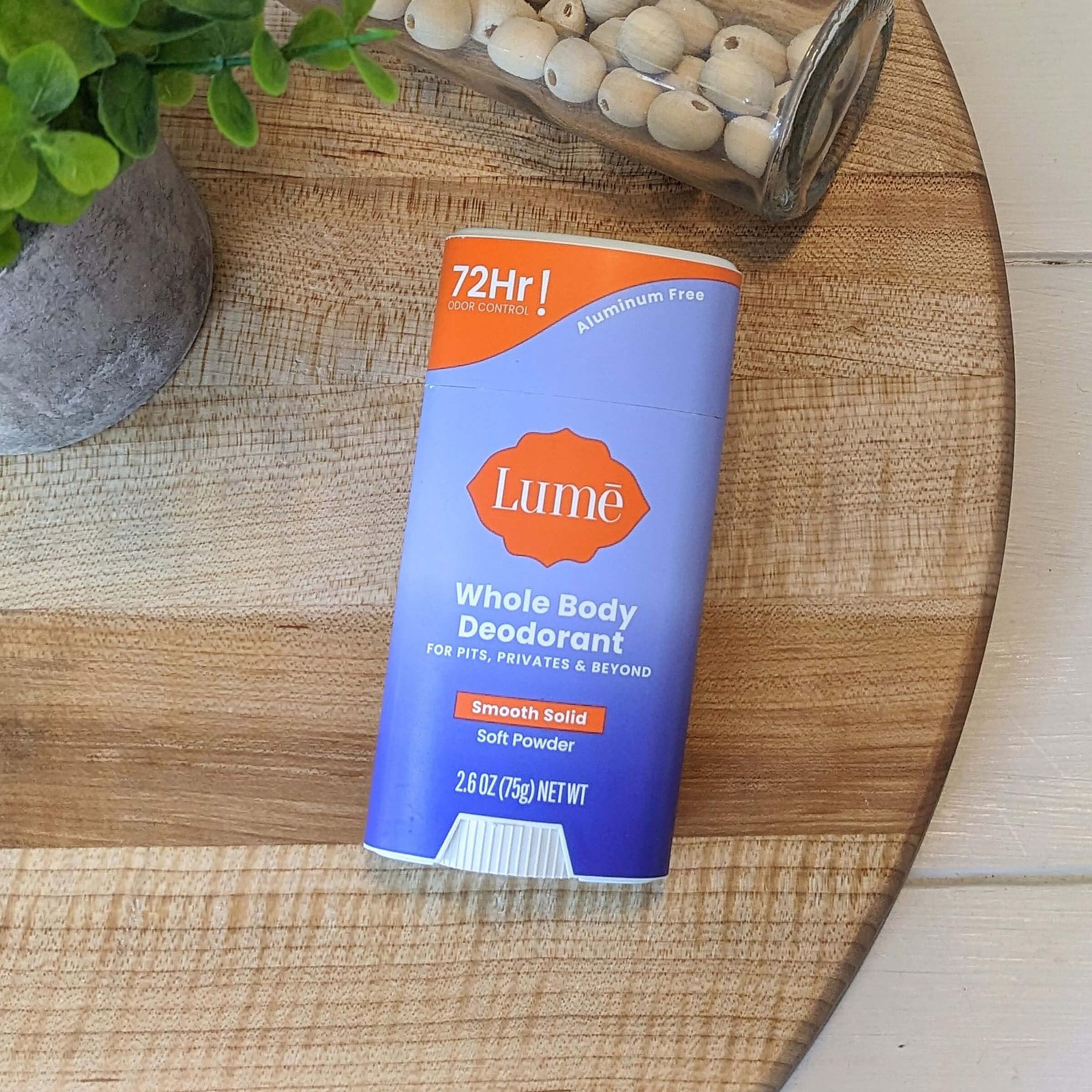 Lume soft powder scent closeup highlights gentle, skin-friendly odor blocking.