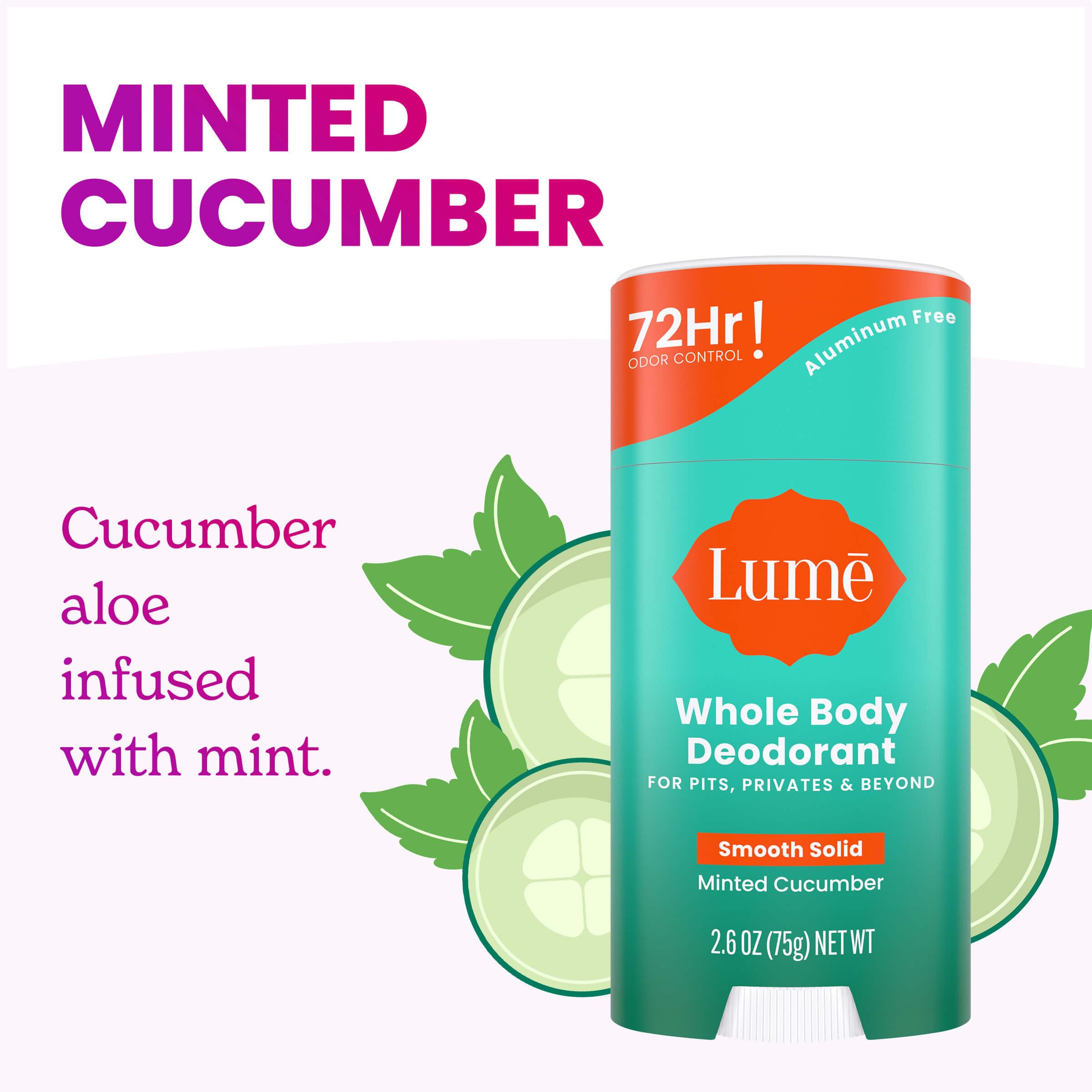 Lume solid stick mint cucumber packaging highlights easy, mess-free odor control on the go.