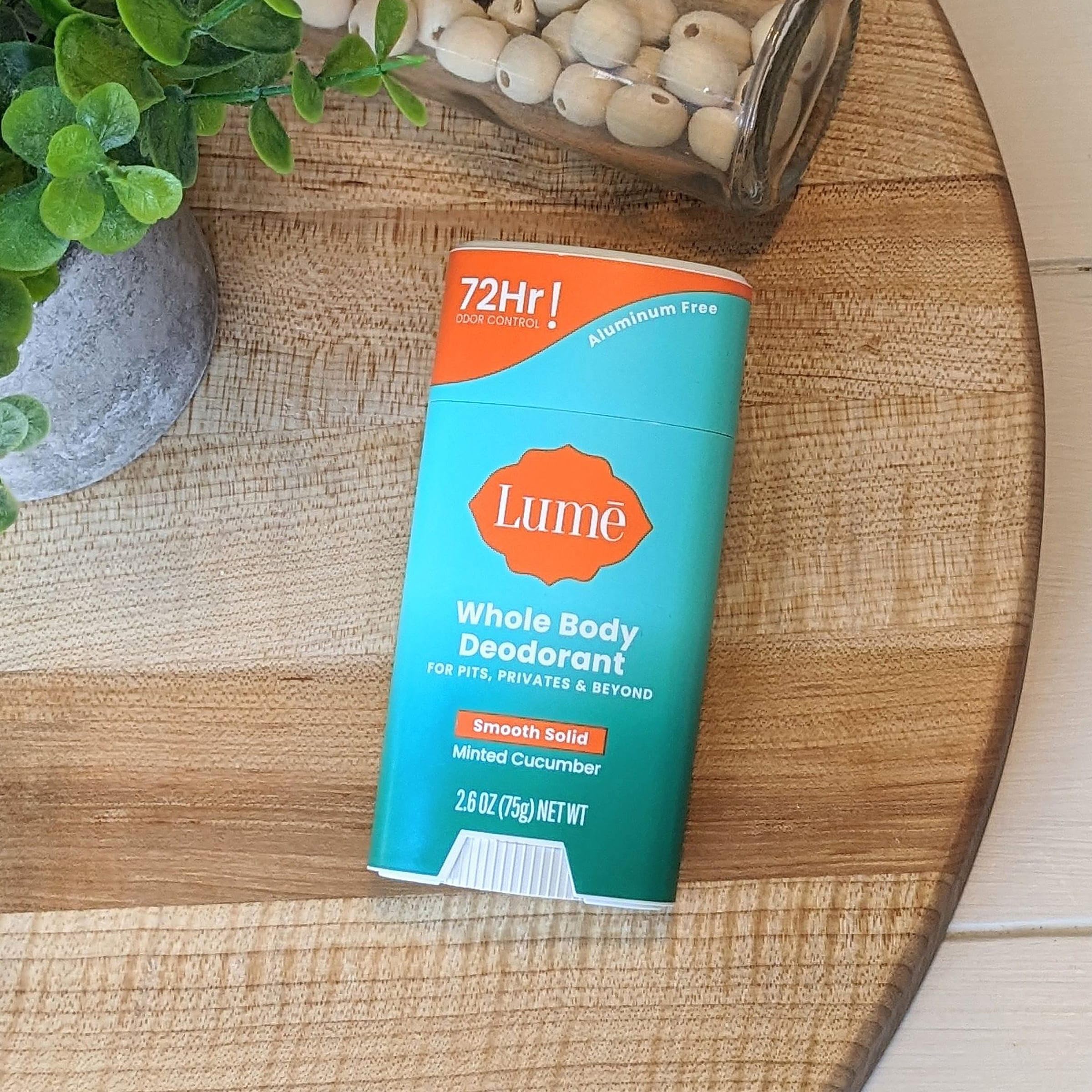 Lume solid-stick minted cucumber for portable odor control.