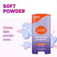 Lume solid-stick-soft-powder application shows easy glide and long-lasting odor management.