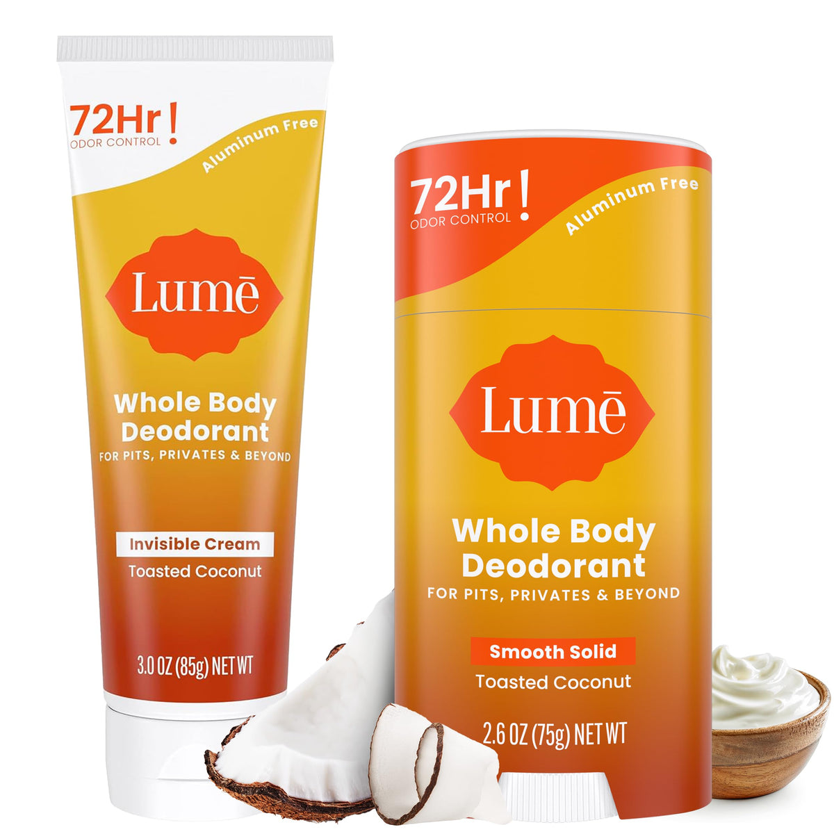 Lume toasted coconut cream-tube application showing long-lasting odor control.