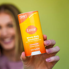 Lume toasted coconut deodorant with inviting tropical scent.