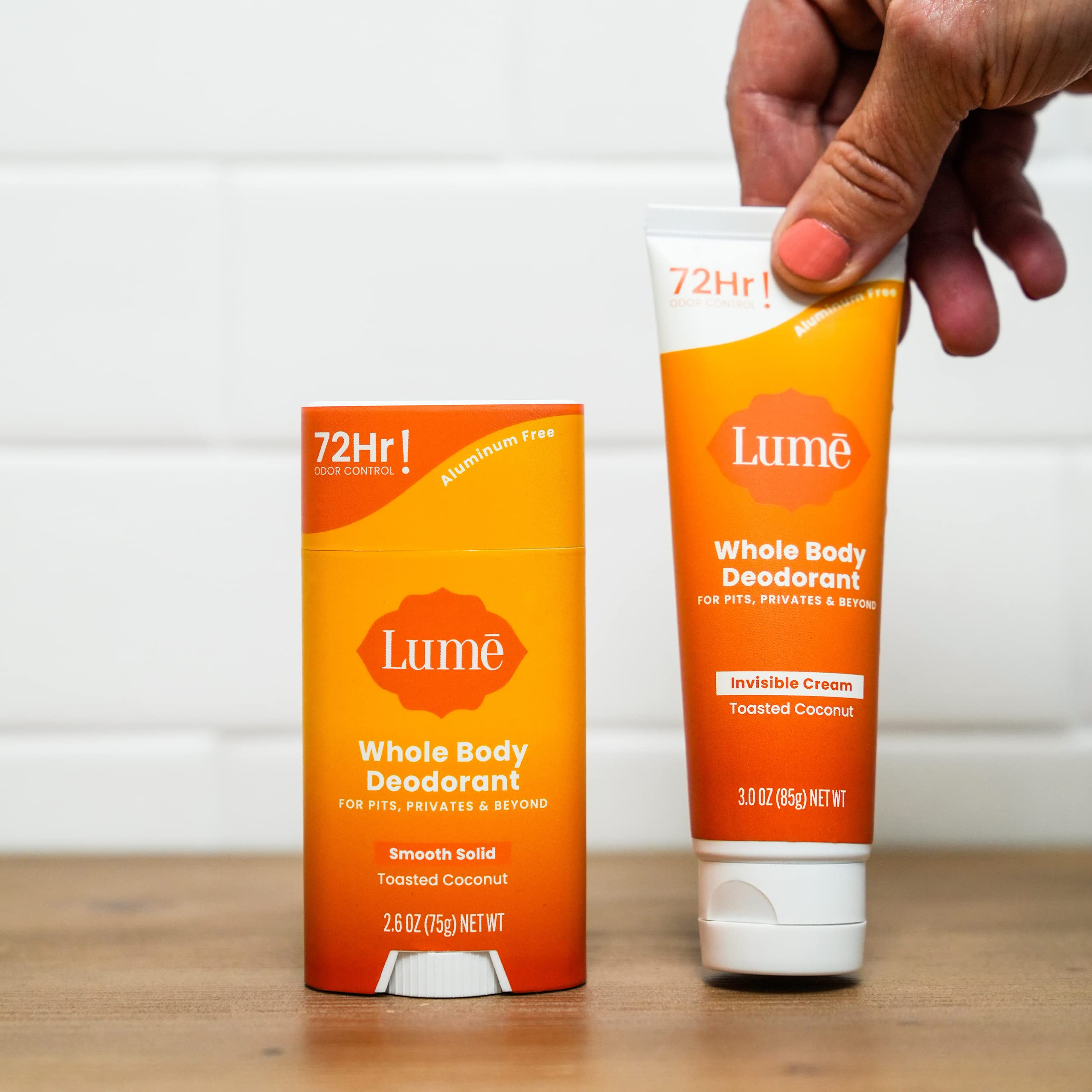 Lume toasted coconut solid-stick application showing odor-control in action.