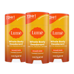 Lume toasted coconut smooth solid stick front view for all-day odor control.