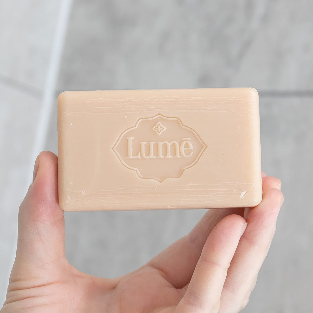 Lume triple-milled bar soap skin-loving-ingredients close-up emphasizing skin-safe formula free from SLS and parabens