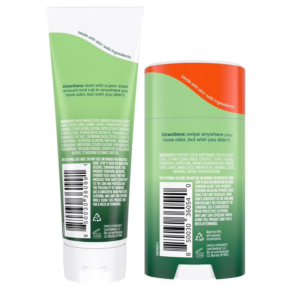 Lume tube and stick duo for versatile daily odor control.