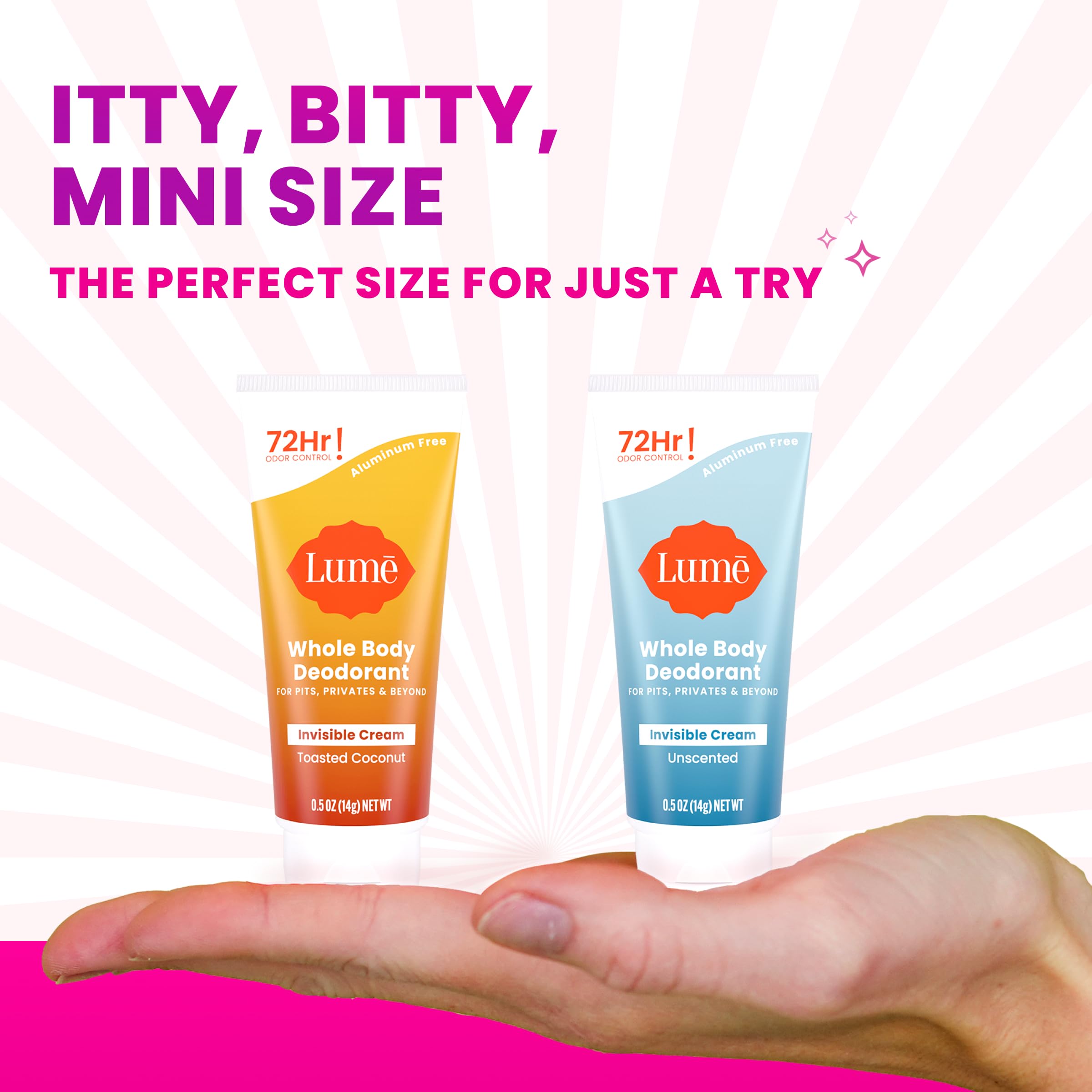 Lume unscented mini-tube highlights aluminum- and baking soda-free formula for sensitive skin