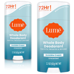 Lume whole body deodorant invisible cream stick application for quick odor control.