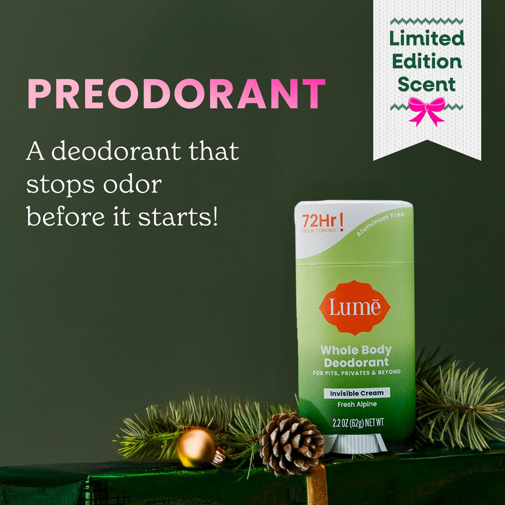 Lume whole body deodorant invisible-cream-stick texture closeup highlights smooth, skin-safe feel.
