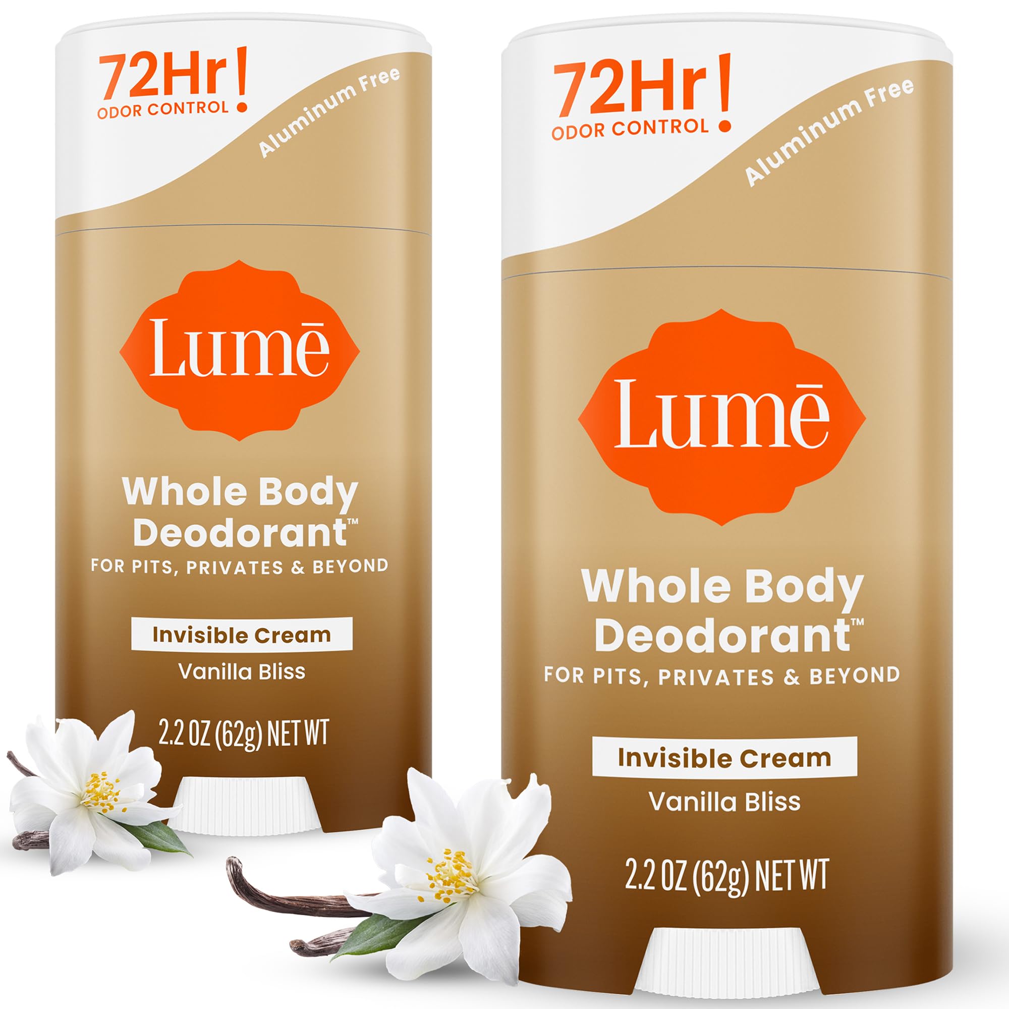 Lume Invisible Cream Stick Vanilla Bliss pack-2 for all-day odor control on packaging.
