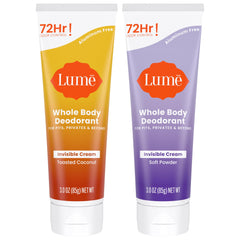 Lume Whole Body Deodorant invisible cream tube packaging for convenient daily odor control.