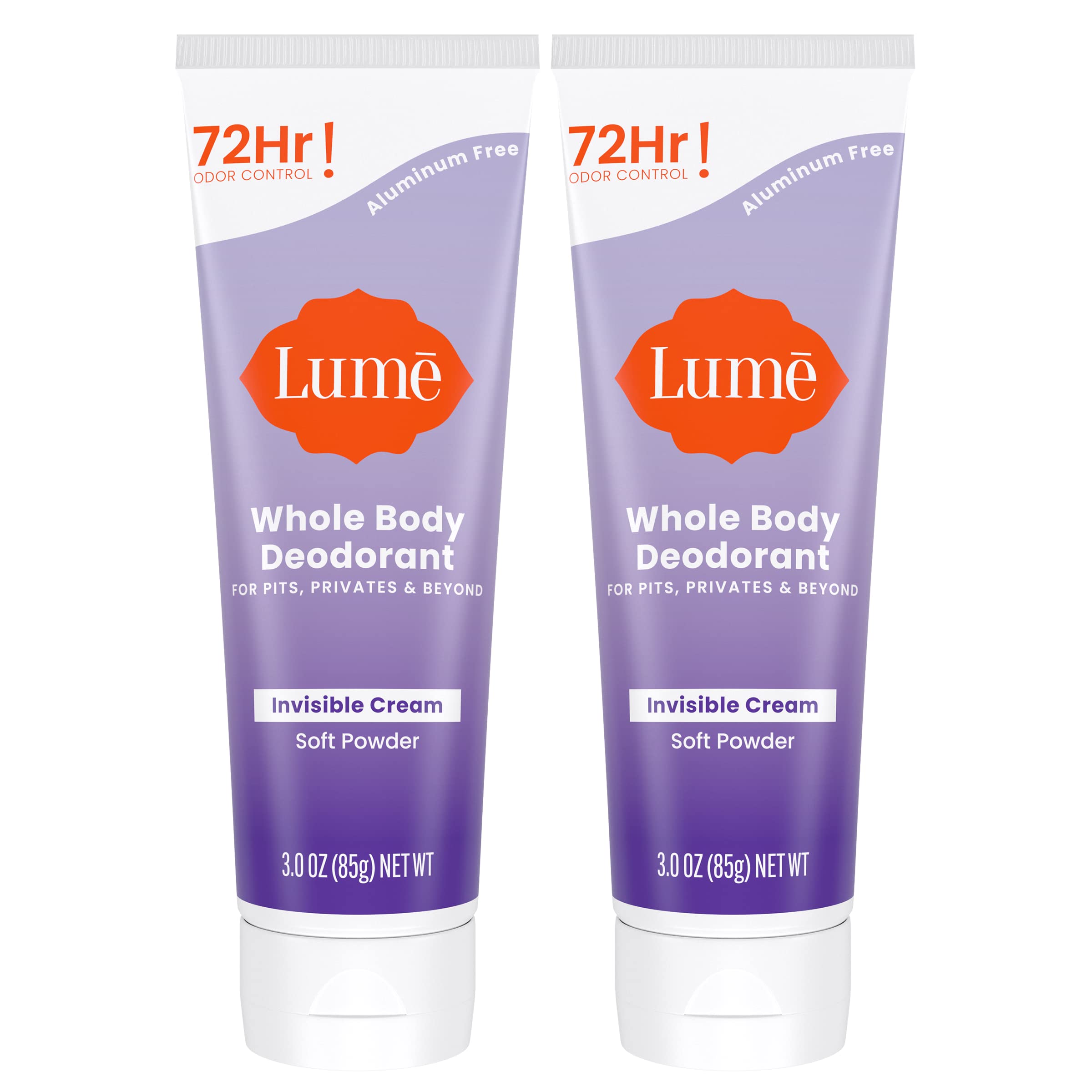 Lume invisible cream tube 2-pack shows soft powder formula for discreet odor control.