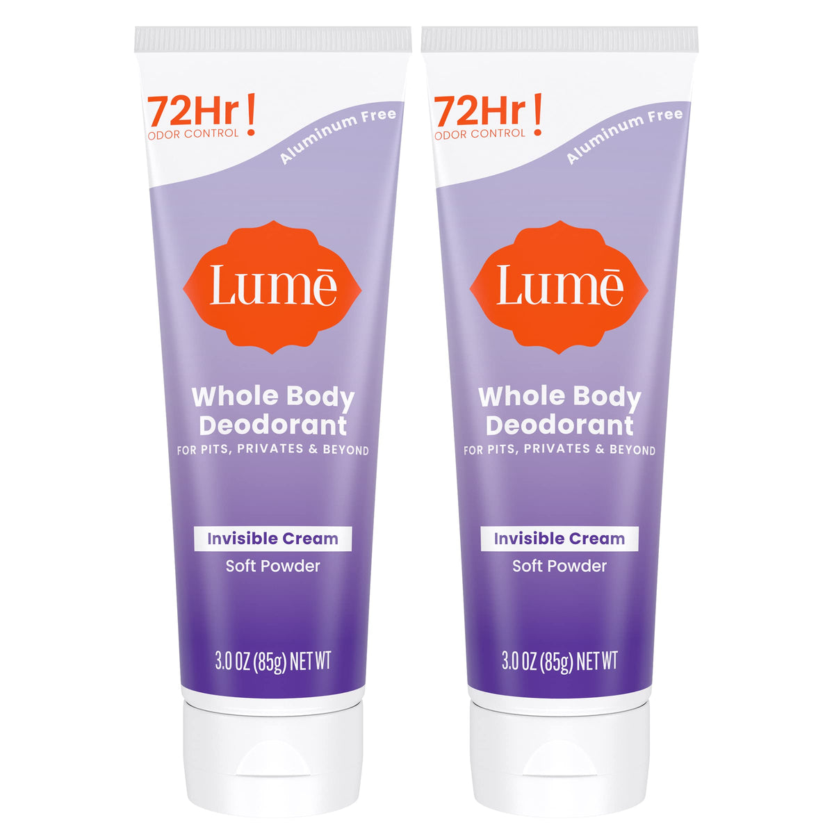 Lume invisible cream tube 2-pack shows soft powder formula for discreet odor control.