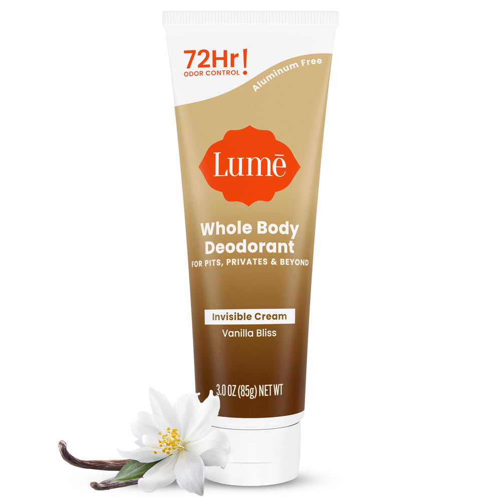 Lume Whole Body Deodorant Invisible Cream Tube application shows easy pea-sized amount for any nook.