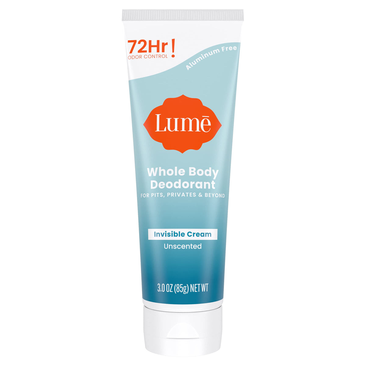 Lume Whole Body Deodorant Invisible Cream Tube close-up highlighting unscented, all-day odor control.