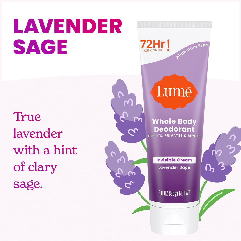 Lume Lavender Sage tube close-up highlights smooth, skin-safe application.