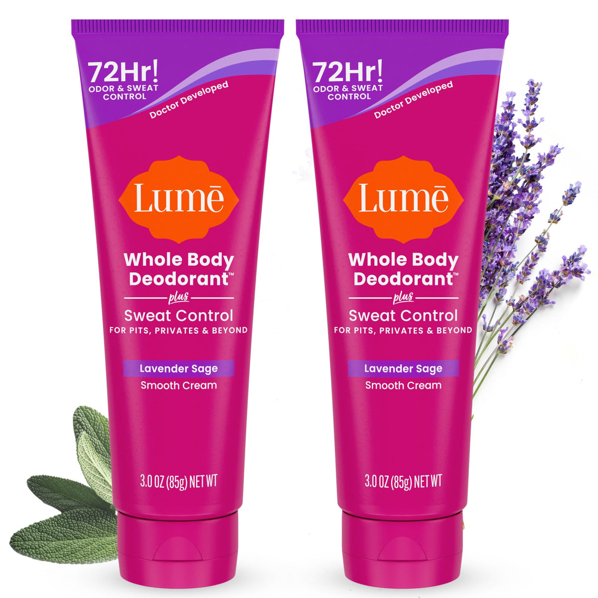 Lume Lavender Sage deodorant tube ready for use with all-day odor control.