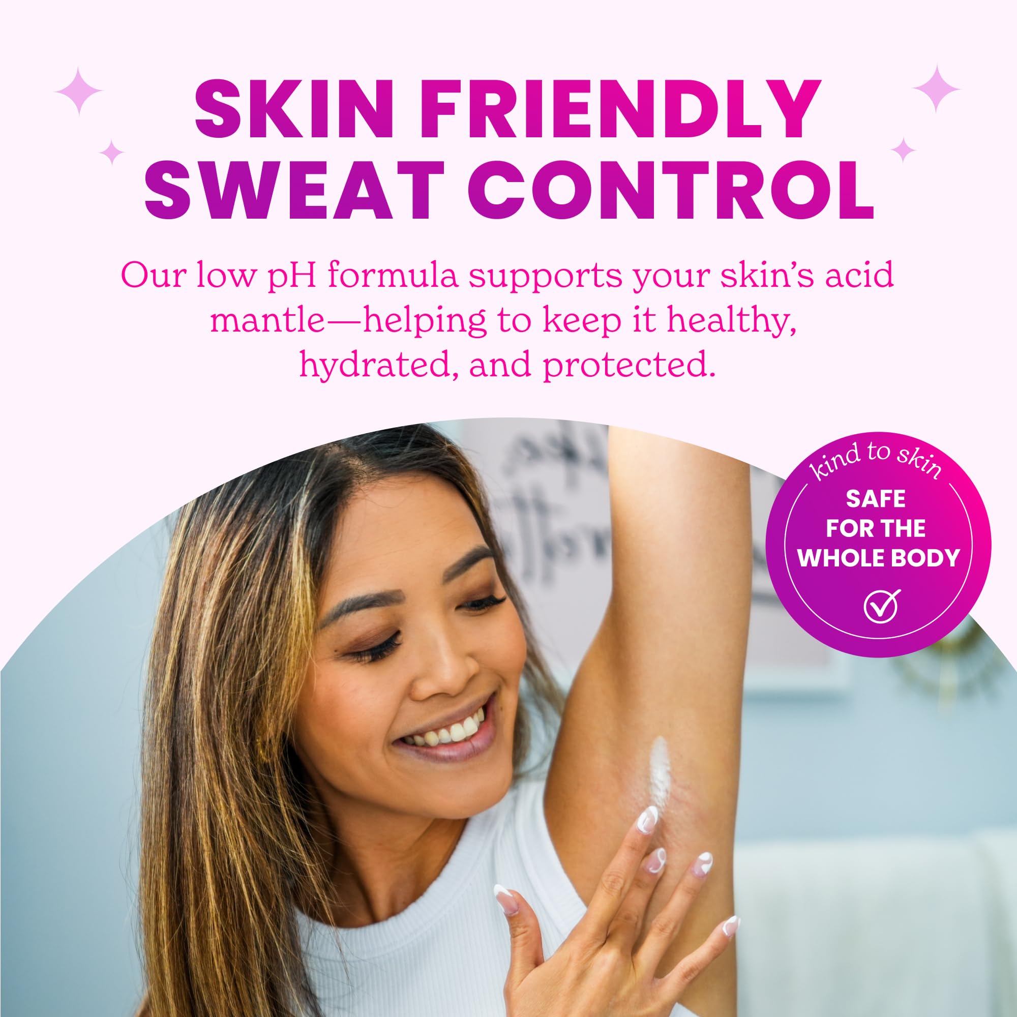 Lume underarm application shows discreet dab for odor and sweat control.