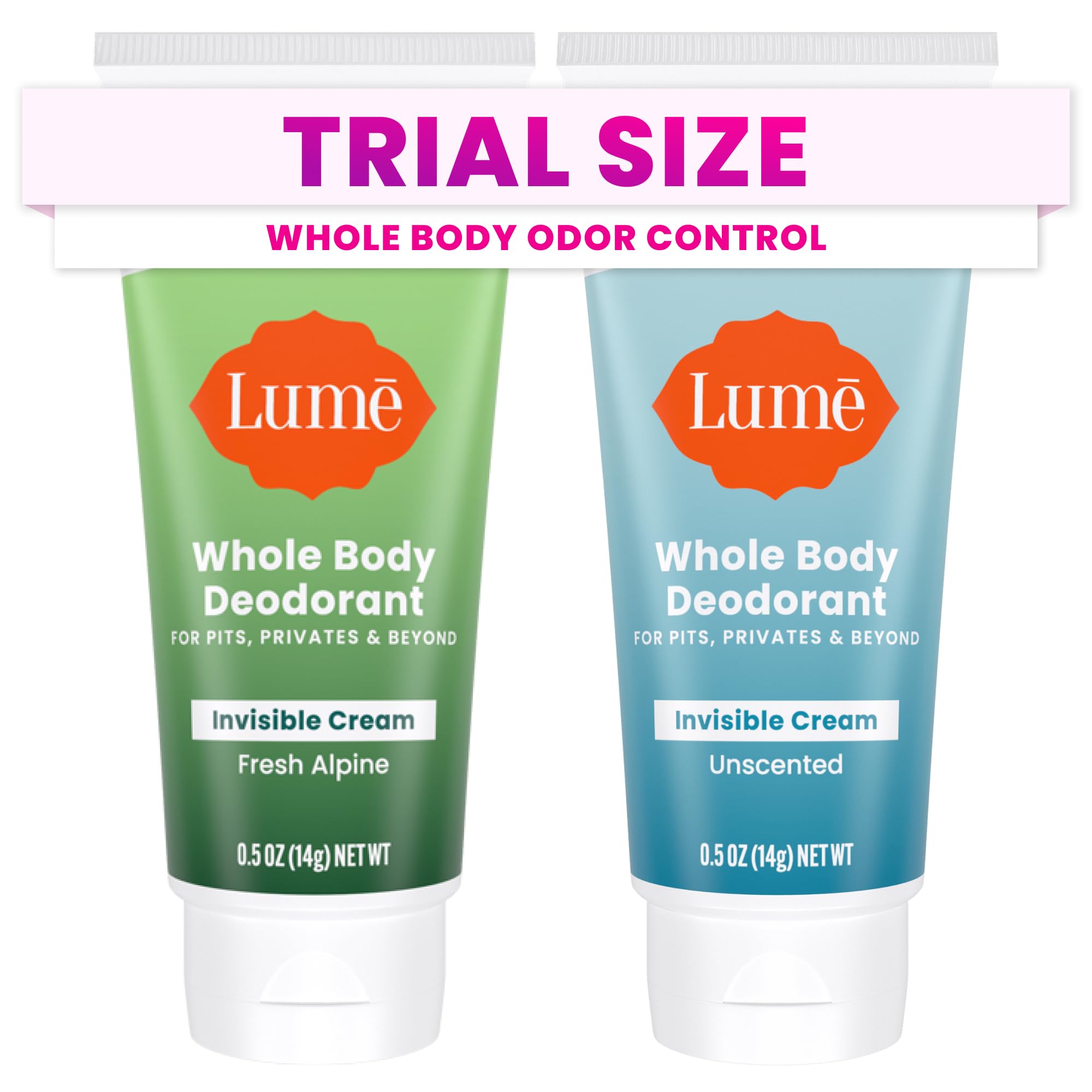 Lume whole body deodorant mini travel pack showing two tubes for all-day odor control.