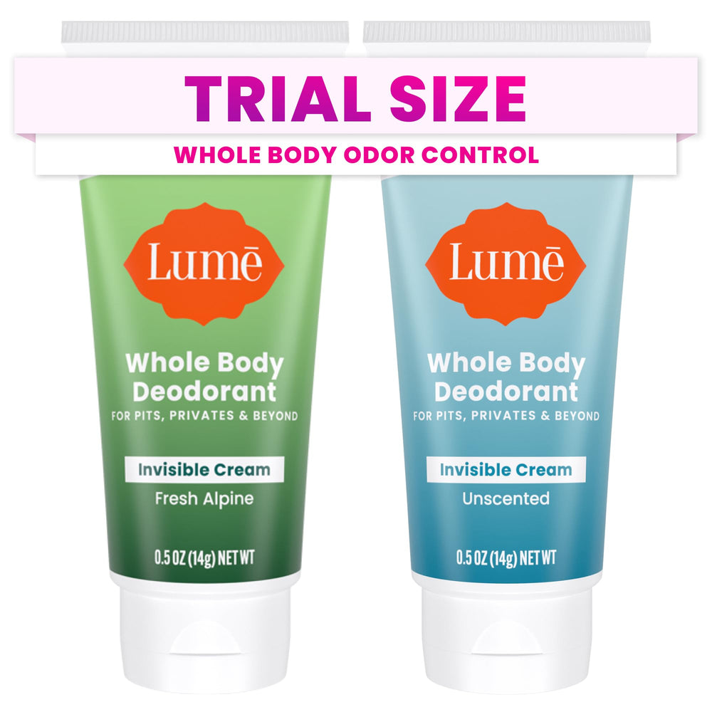 Lume whole body deodorant mini travel pack showing two tubes for all-day odor control.