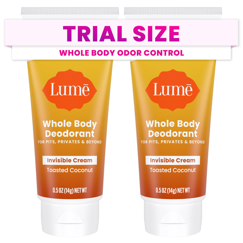 Lume whole-body deodorant mini tube applying toasted coconut for all-day freshness.