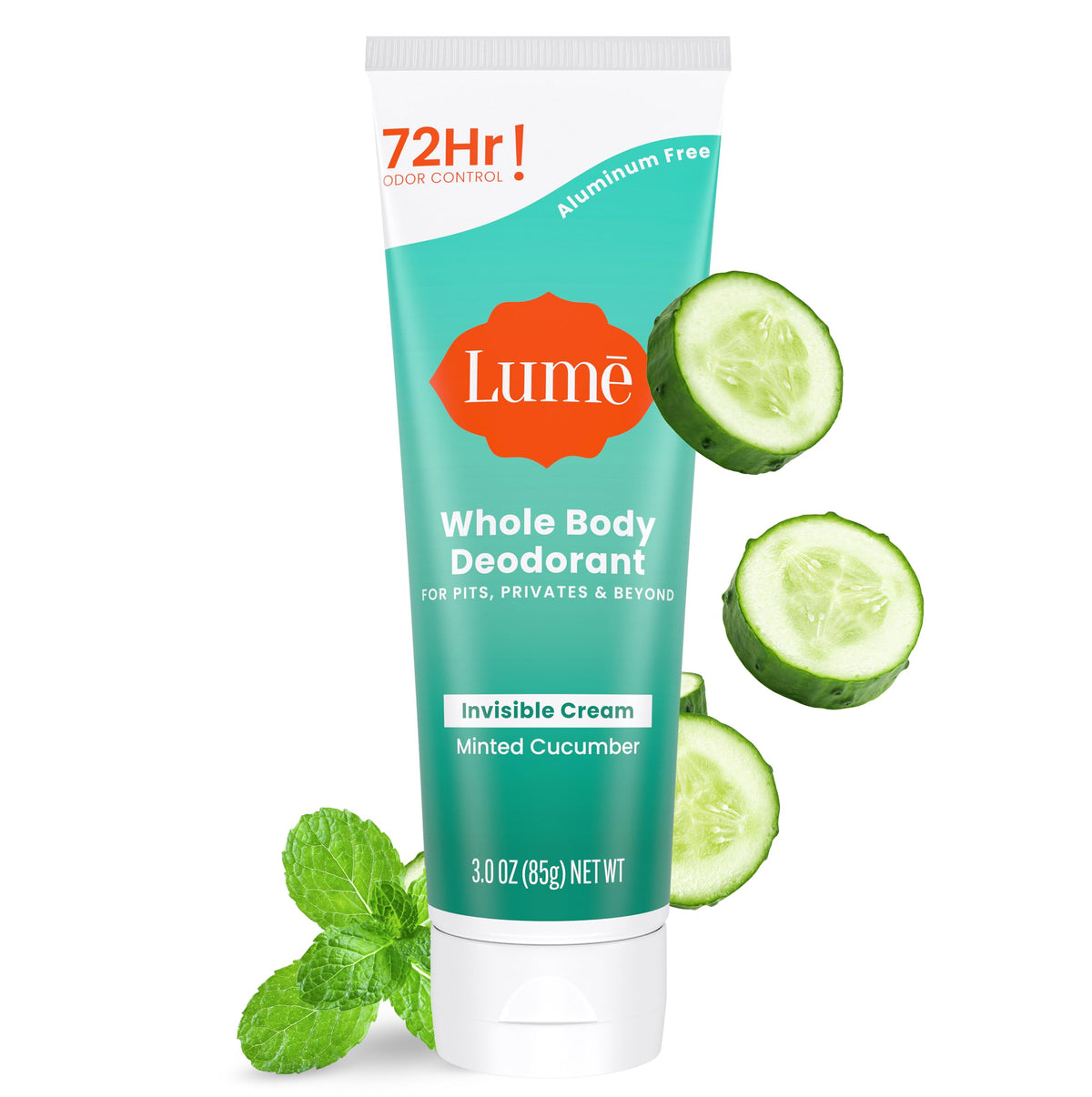 Lume Minted Cucumber tube closeup shows creamy formula for all-day odor control.