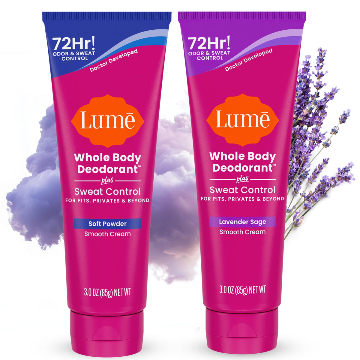 Lume whole-body deodorant label highlights baking soda-free, skin-loving formula