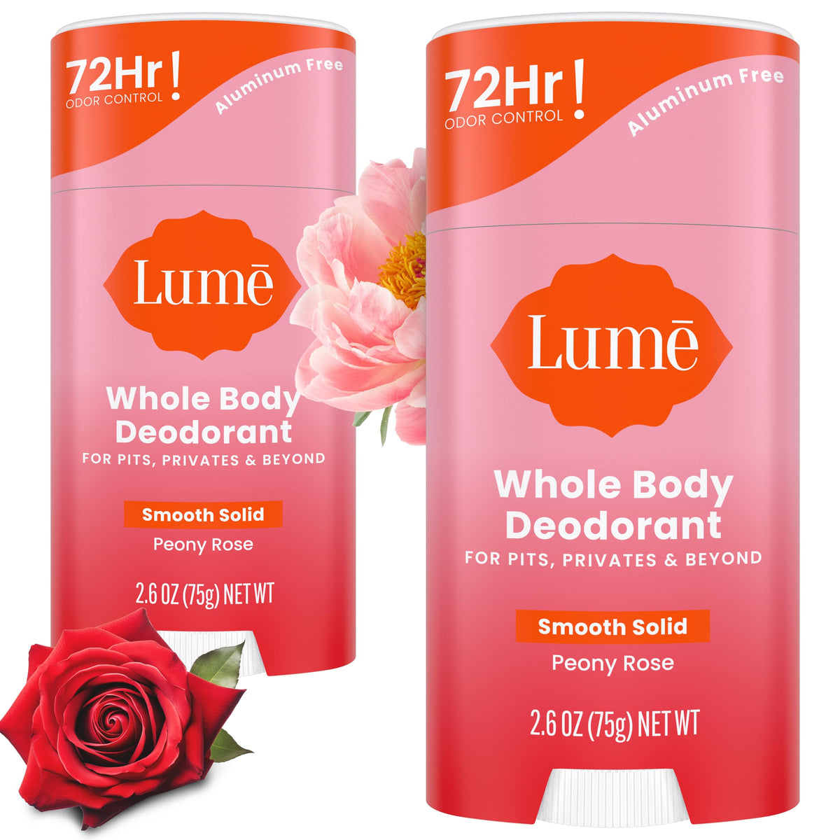 Lume whole body deodorant smooth solid Peony Rose for all-over odor control.