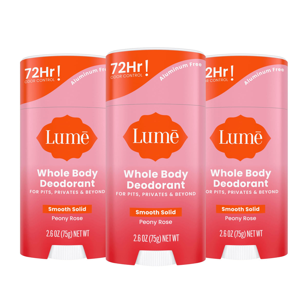 Lume whole body deodorant smooth solid stick Peony Rose pack front for all-day odor control.
