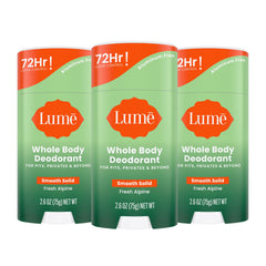 Lume Whole Body Deodorant smooth solid stick shows packaging for all-day odor control.