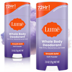 Lume whole body deodorant soft powder stick for all-day odor control.
