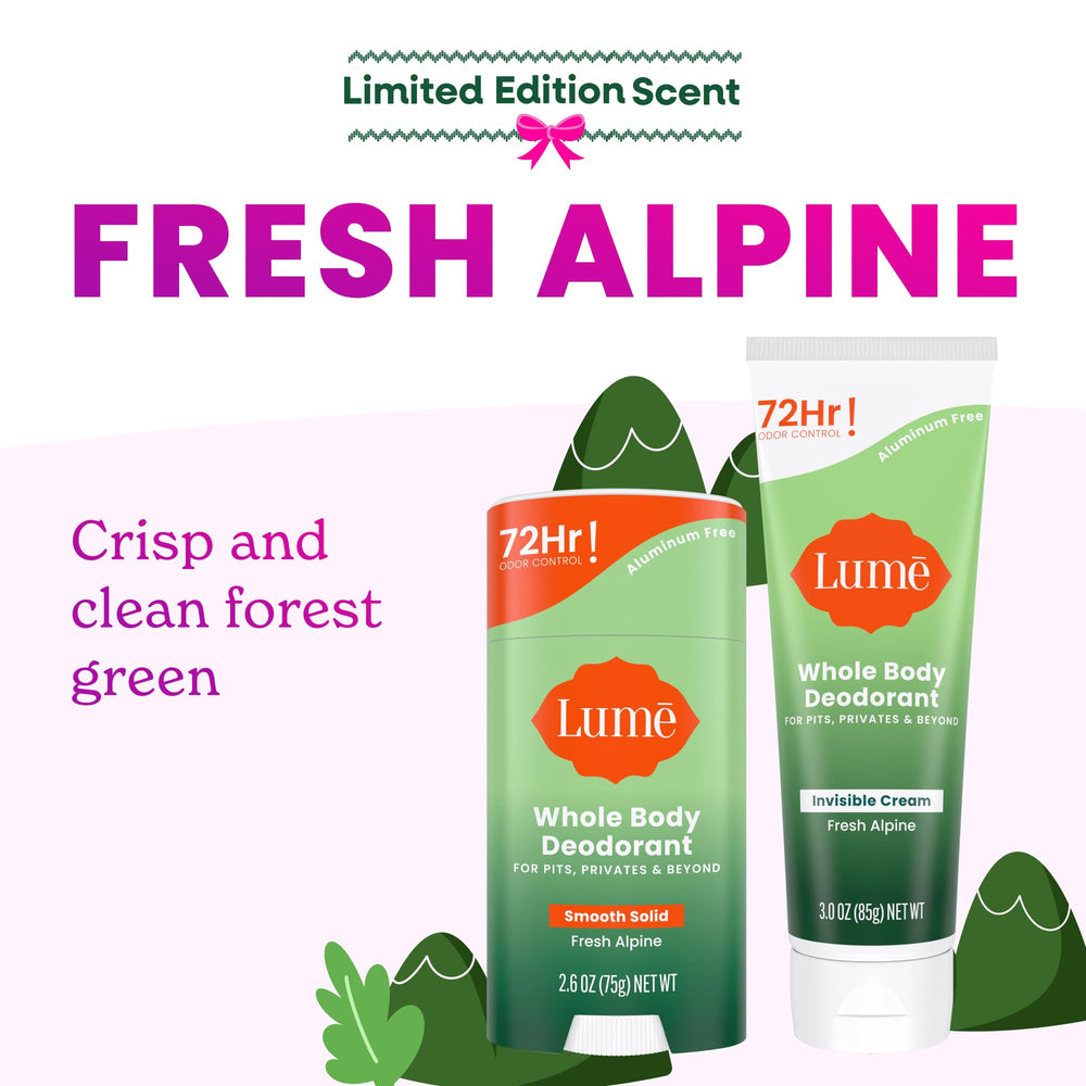 Lume Whole Body Deodorant Solid Stick Fresh Alpine with easy glide for all-over odor control.