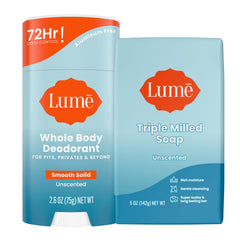 Lume whole body deodorant stick unscented for all-day odor control and skin comfort.
