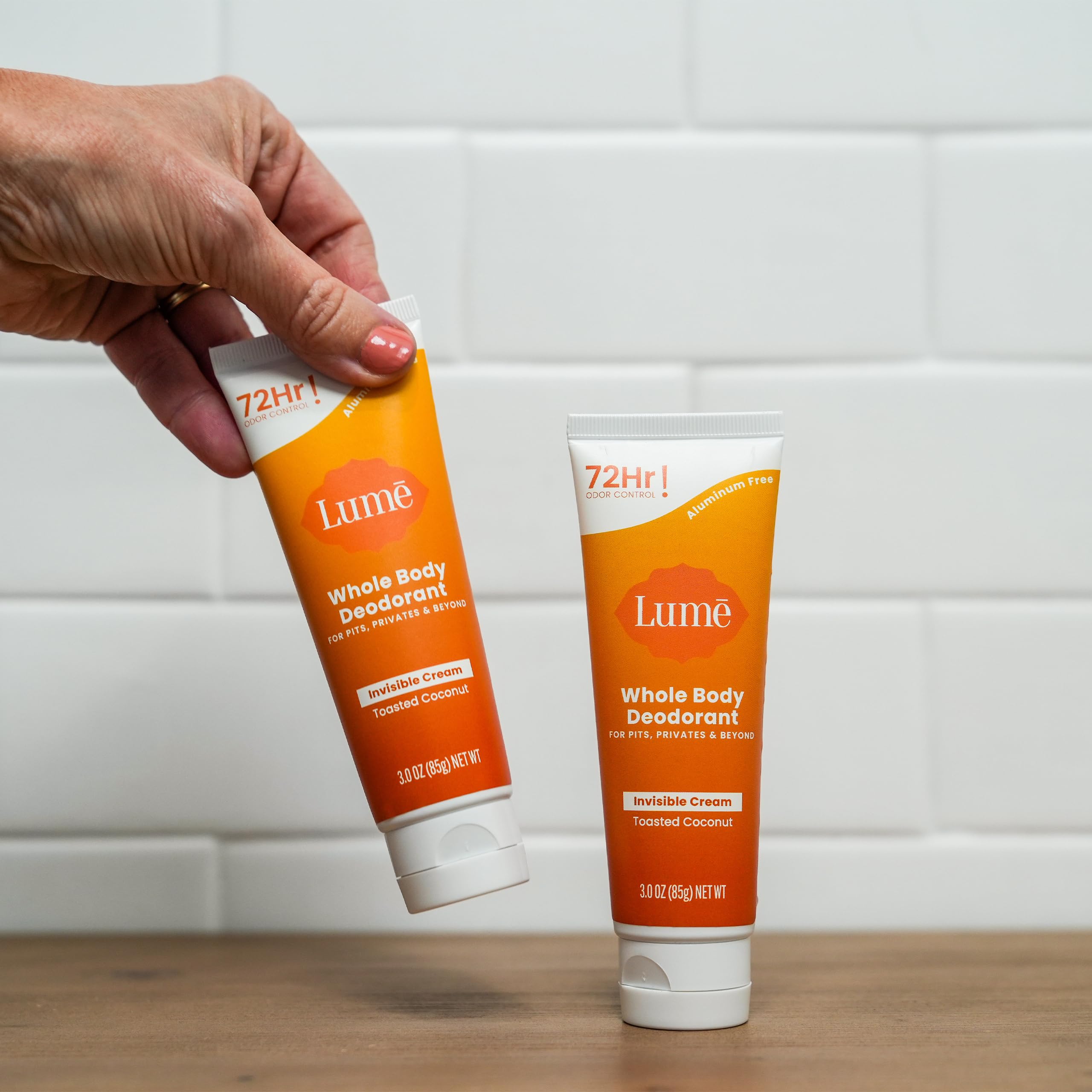 Lume toasted coconut packaging outer highlights skin-safe, aluminum-free formula.