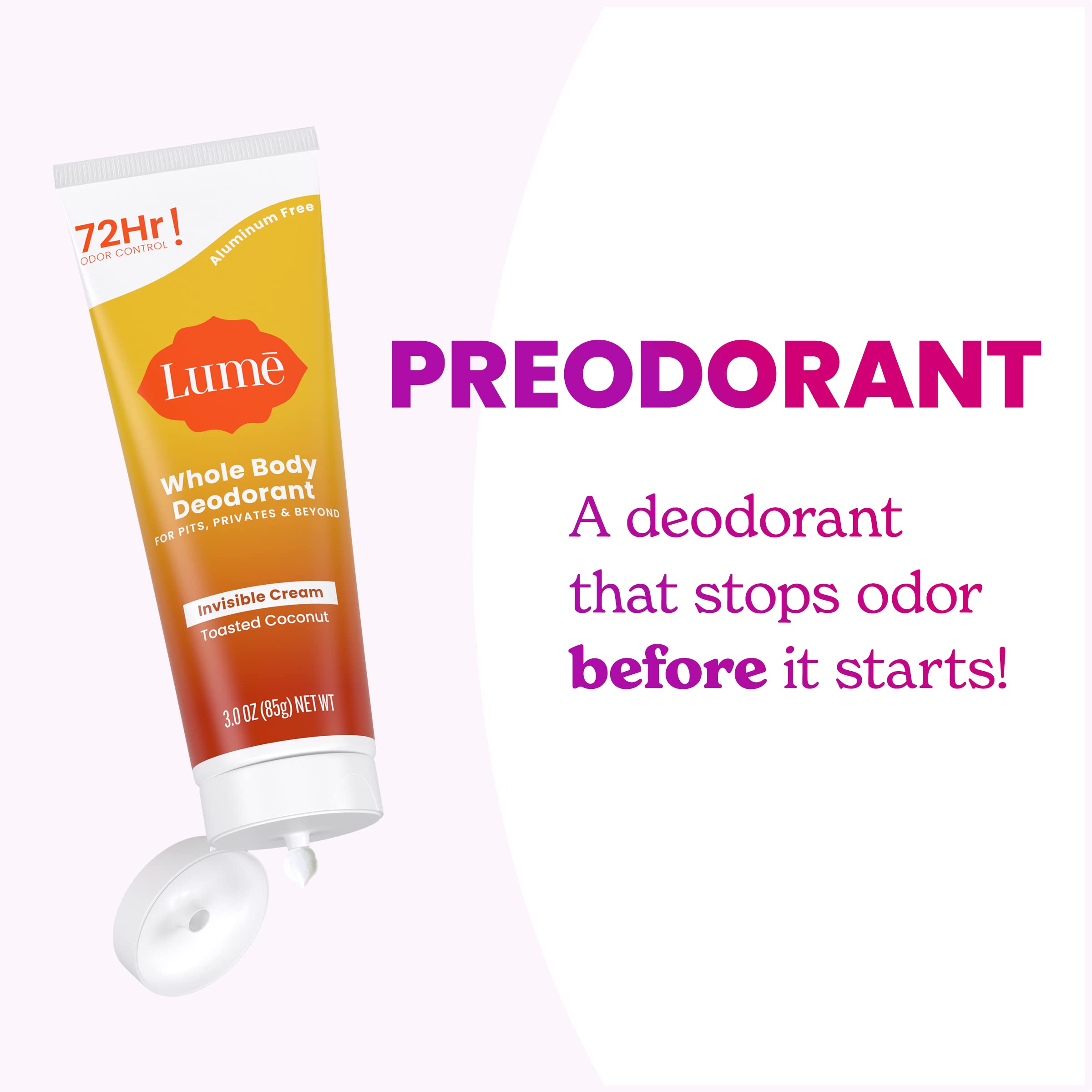 Lume toasted coconut scent profile communicates tropical notes with subtle vanilla.