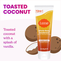 Lume toasted coconut tube application demonstrates lotion-like texture for targeted areas.
