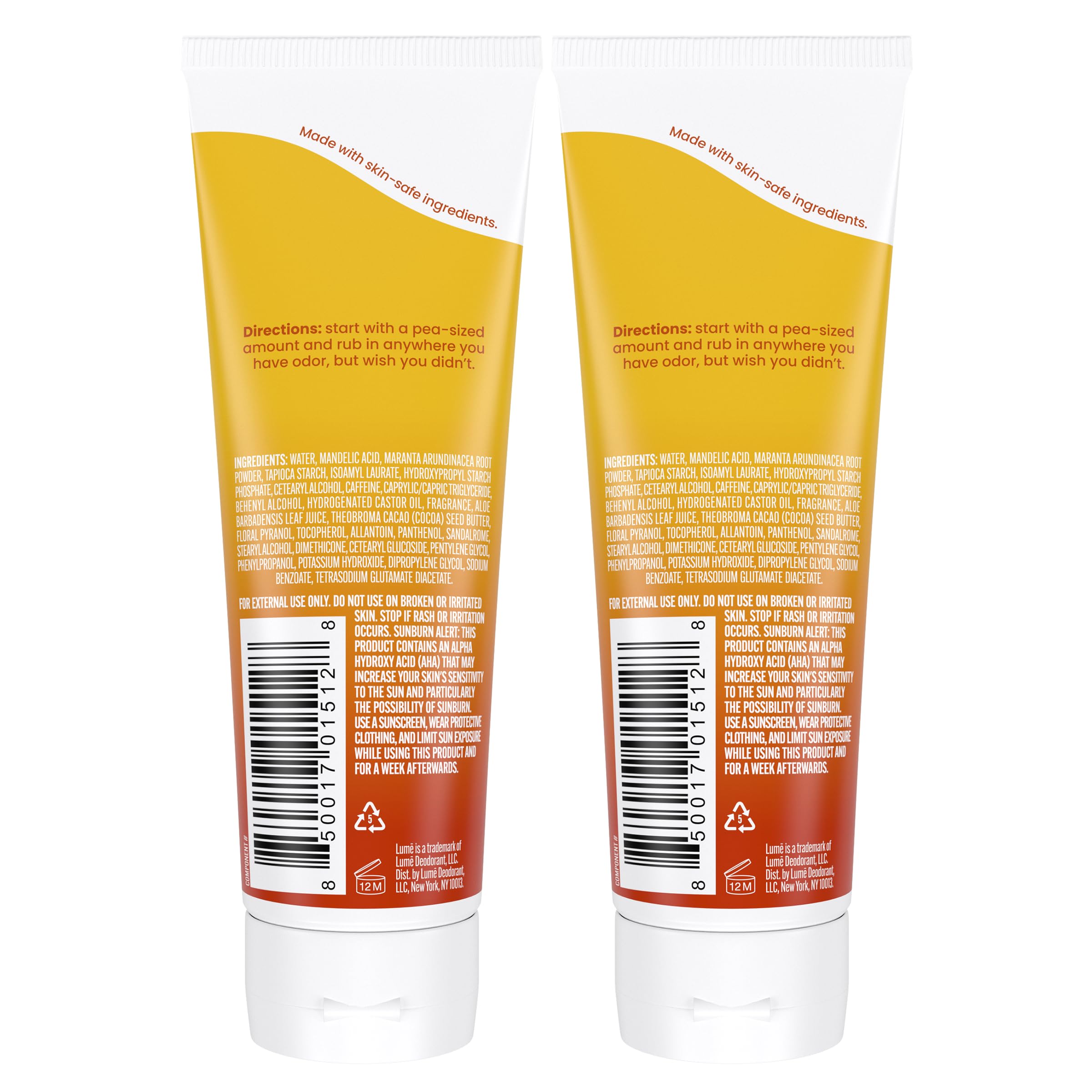 Lume toasted coconut tube cap detail emphasizes discreet, portable deodorant.