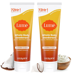 Lume Whole Body Deodorant toast coconut tube front shows invisible cream odor control all day.