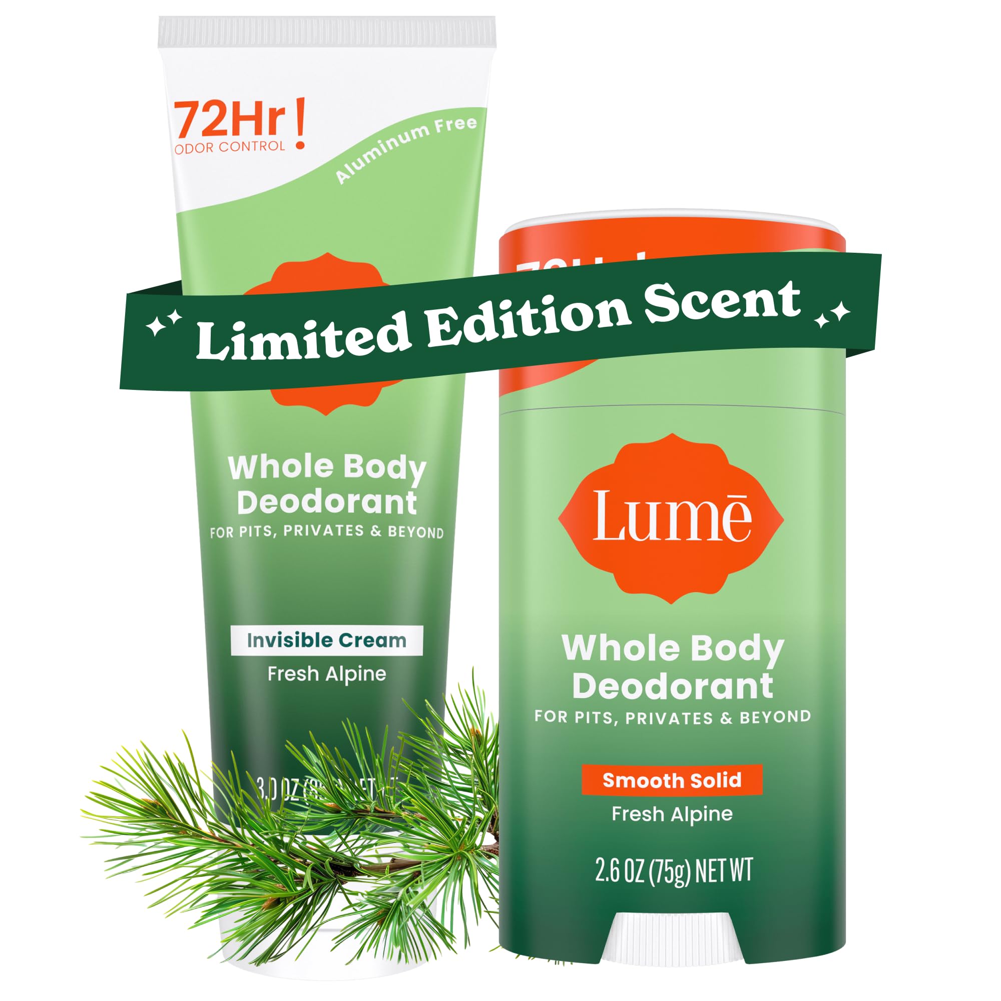 Lume Whole Body Deodorant tube in Fresh Alpine, compact for travel odor control.