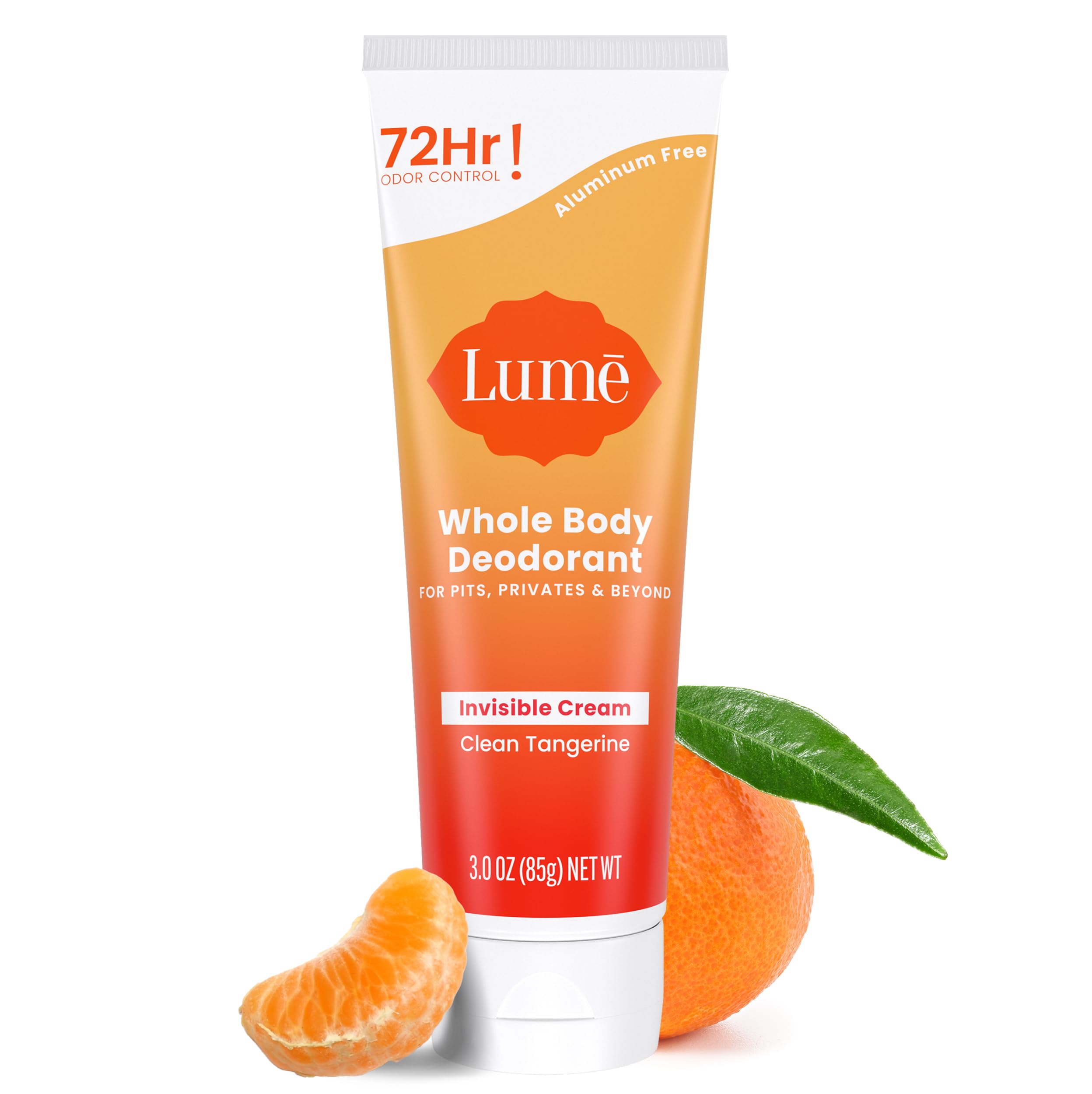 Lume whole body deodorant tube front showing compact, easy-to-use packaging for all-over odor control.