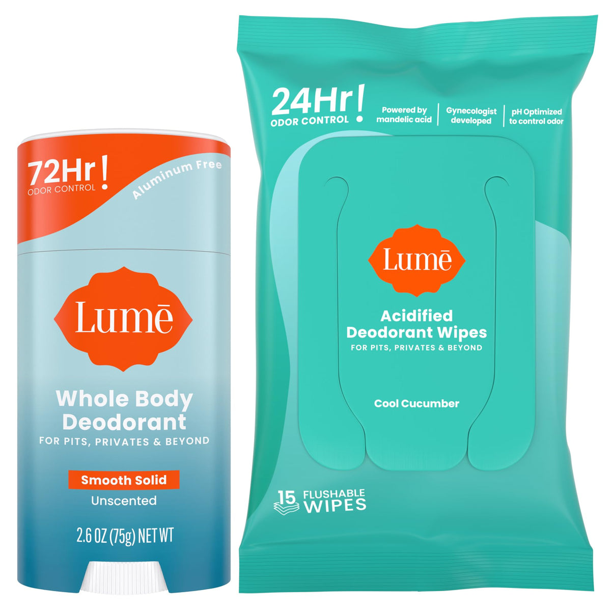 Lume whole body deodorant unscented stick close-up showing smooth glide for odor control.