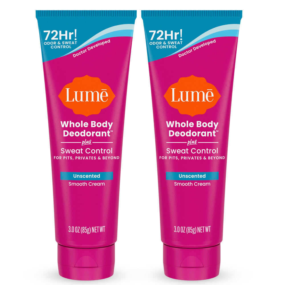 Lume unscented deodorant tube shown for smooth application and long-lasting odor control.