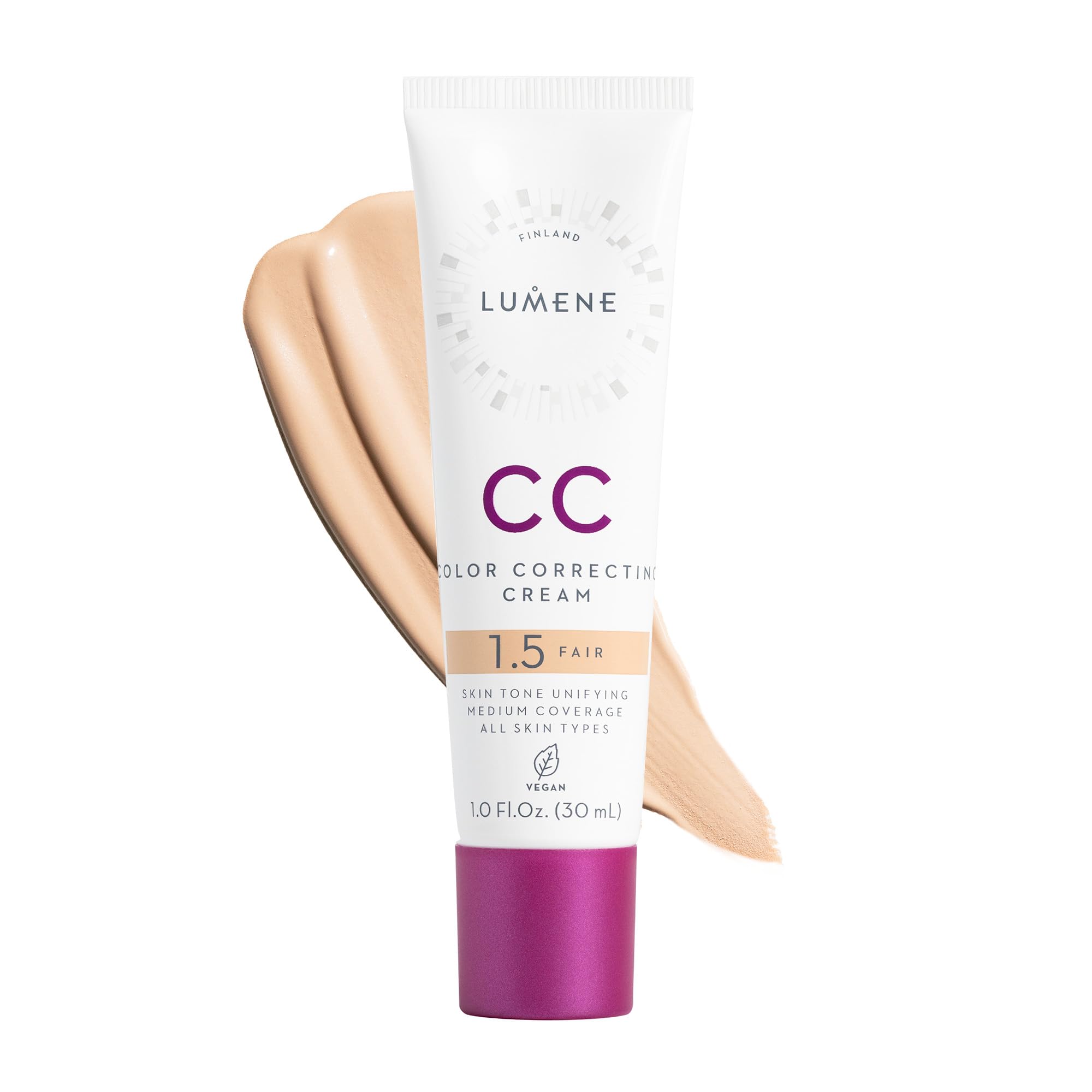 Lumene CC Cream bottle-pump shows easy, mess-free daily application for quick morning routines.